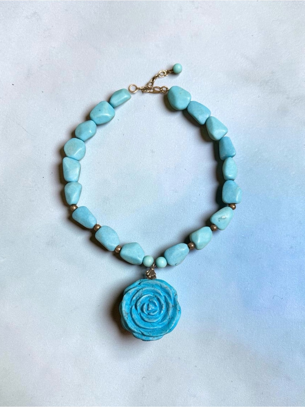 Vintage Turquoise Rose Pendant Sterling Beaded Necklace - Blue